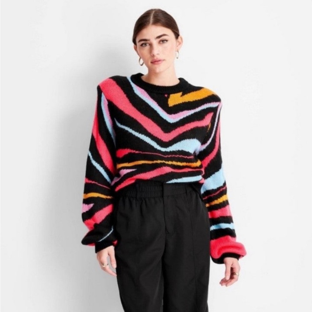 NEW Future Collective Women's Abstract Striped Crew Neck Pullover Sweater